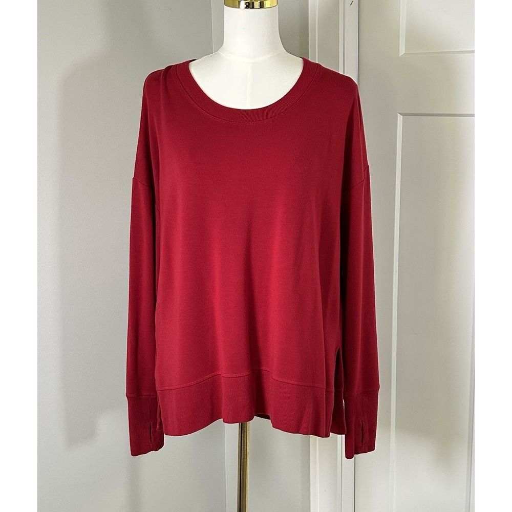 Athleta Coaster Luxe Sweatshirt Women M Red Modal Oversized Thumbholes Hi Low